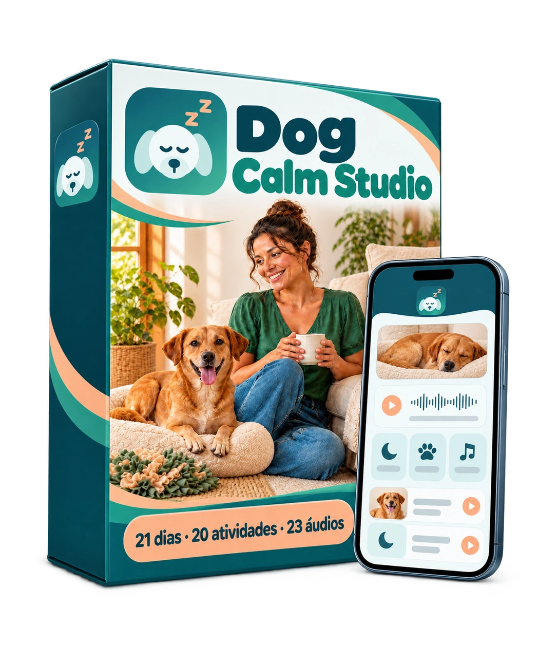 Caixa do produto Dog Calm Studio com o aplicativo no celular