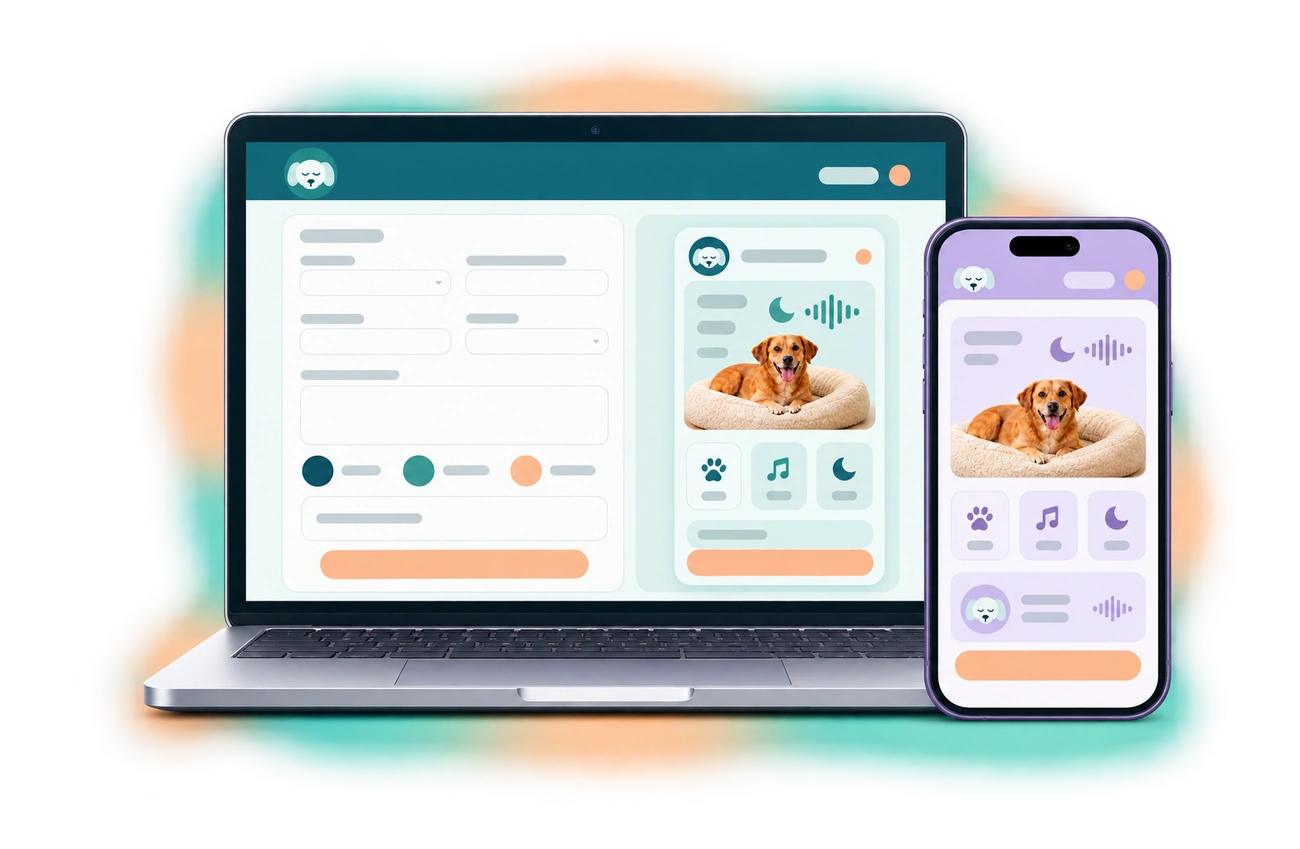 Personalizador do Dog Calm Studio no notebook e o aplicativo com outra marca no celular