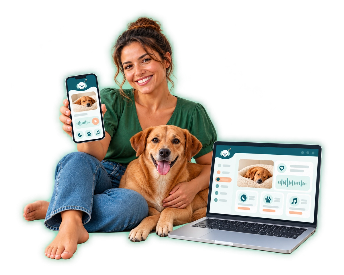 Tutora com o cão caramelo usando o Dog Calm Studio no celular e no notebook